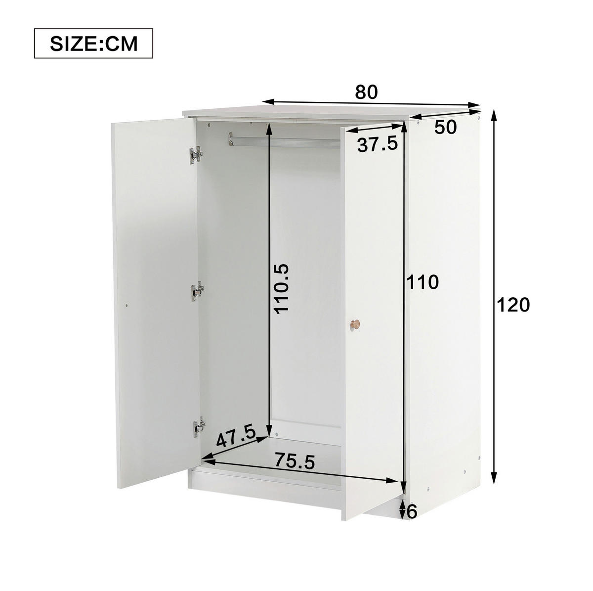 KLEIDERSCHRANK 2-türig 80/50/120 cm in Weiß mit Kleiderstange - Weiß, Holz (80/120/50cm) - BEAOK