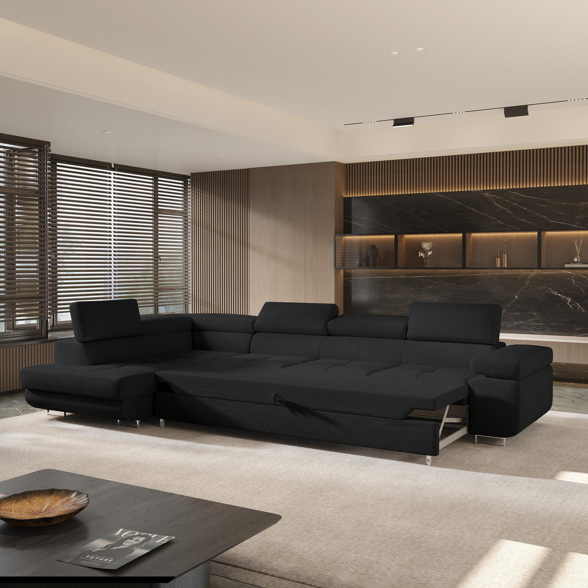 ECKSOFA VICENTE Schwarz Boucle-Stoff mit Schlaffunktion - Schwarz, Holz (346/202cm) - MASSENO