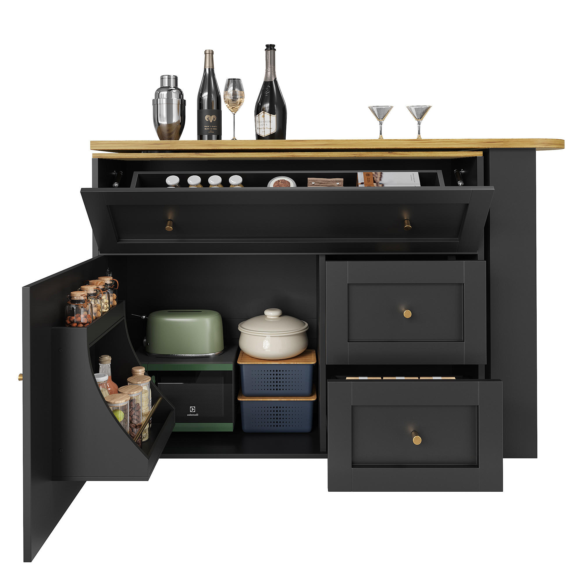 BAROVÝ stůl z MDF a kovu 138-204x39x105 cm černý s úložným prostorem a 360° otočnou deskou - černá, kompozitní dřevo (204/105/39cm) - Modfu
