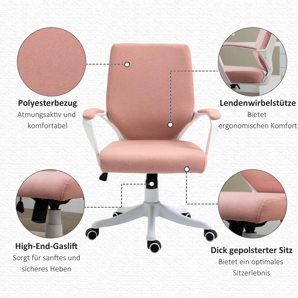 BÜROSTUHL, Polyester, Nylon, Rosa+Weiß - Hellrosa, Kunststoff (69/100/62cm) - Vinsetto