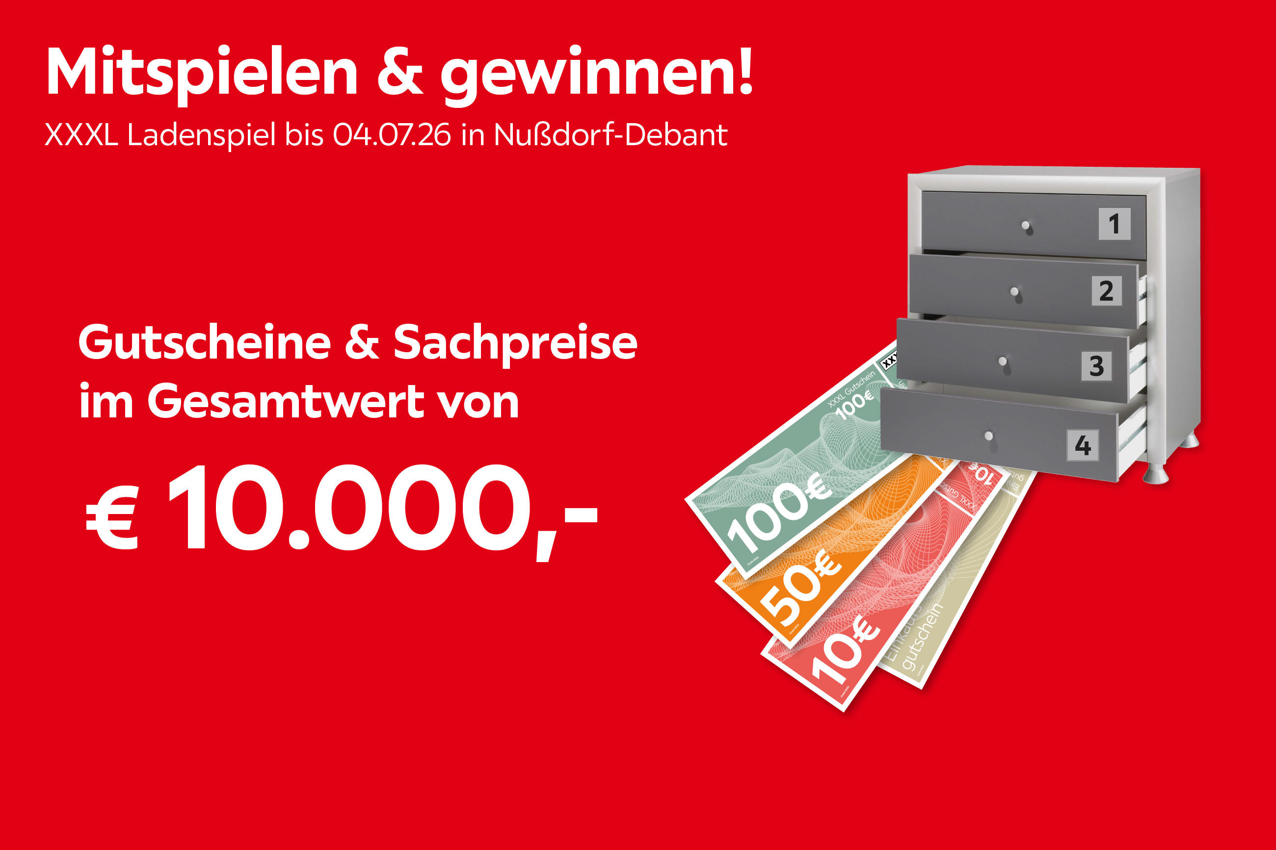 Mitspielen & gewinnen! XXXL Ladenspiel bis 04.07.26 in Nußdorf-Debant. Gutscheine & Sachpreise im Gesamtwert von € 10.000,-.