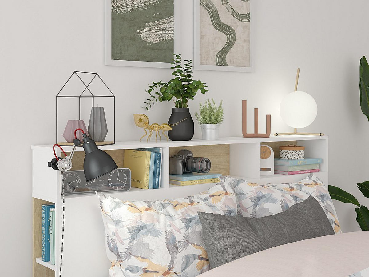 BETTKOPFTEIL mit Stauraum - 160 cm - Eichefarben & Weiß - NASTIA - Weiß, Holz (162/100/23cm) - Vente-Unique