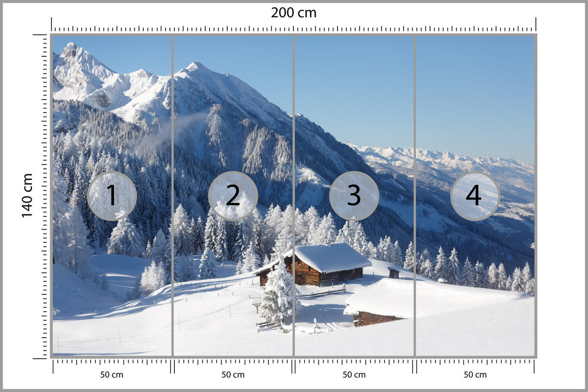 FOTOTAPETE für Wohnzimmer Holzene Hütte Berge Bäume Winter 200x140 - Weiß, Papier (200/140cm) - Muralo