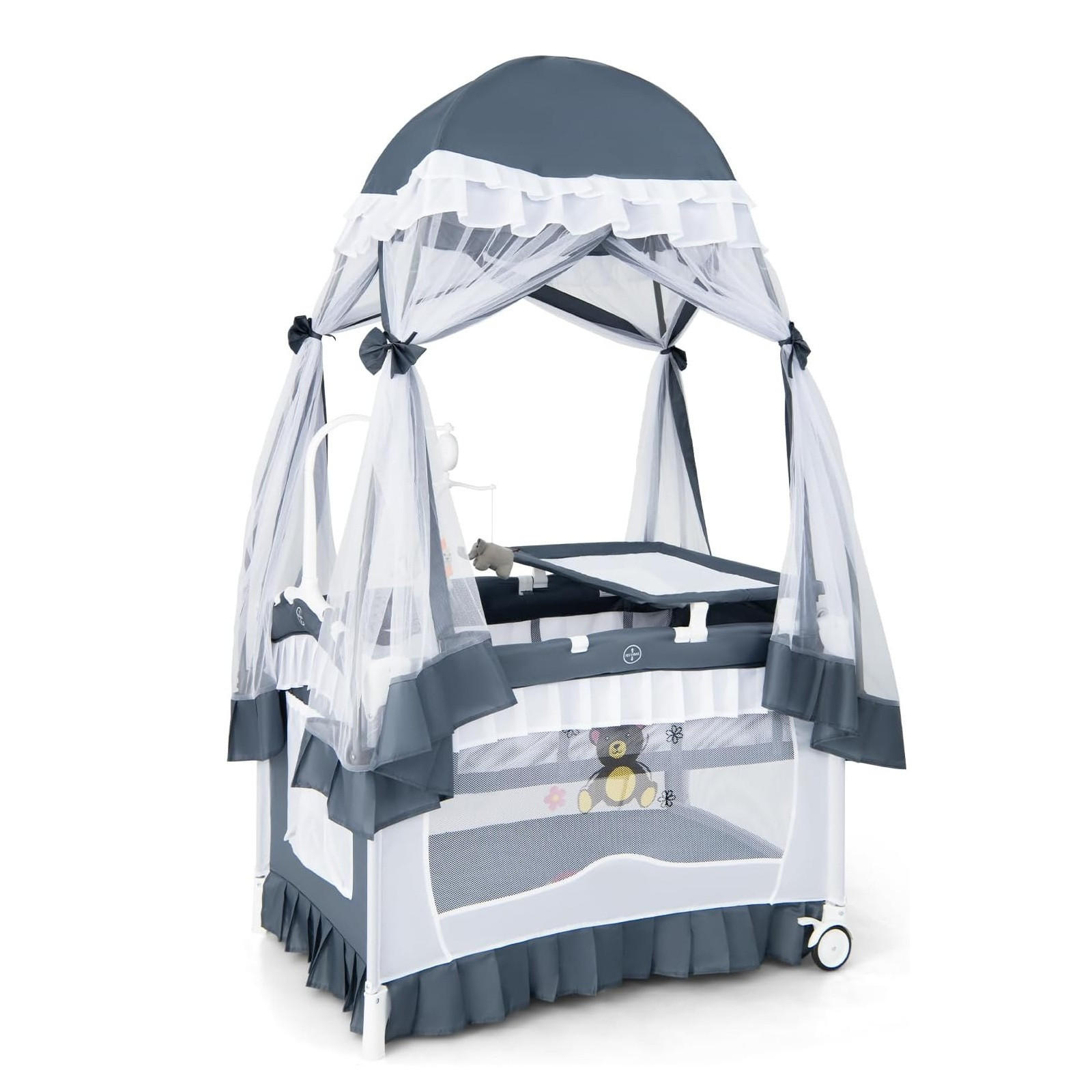 BABYBETT mit abnehmbarem Baldachin grau - Grau, Textil - COSTWAY