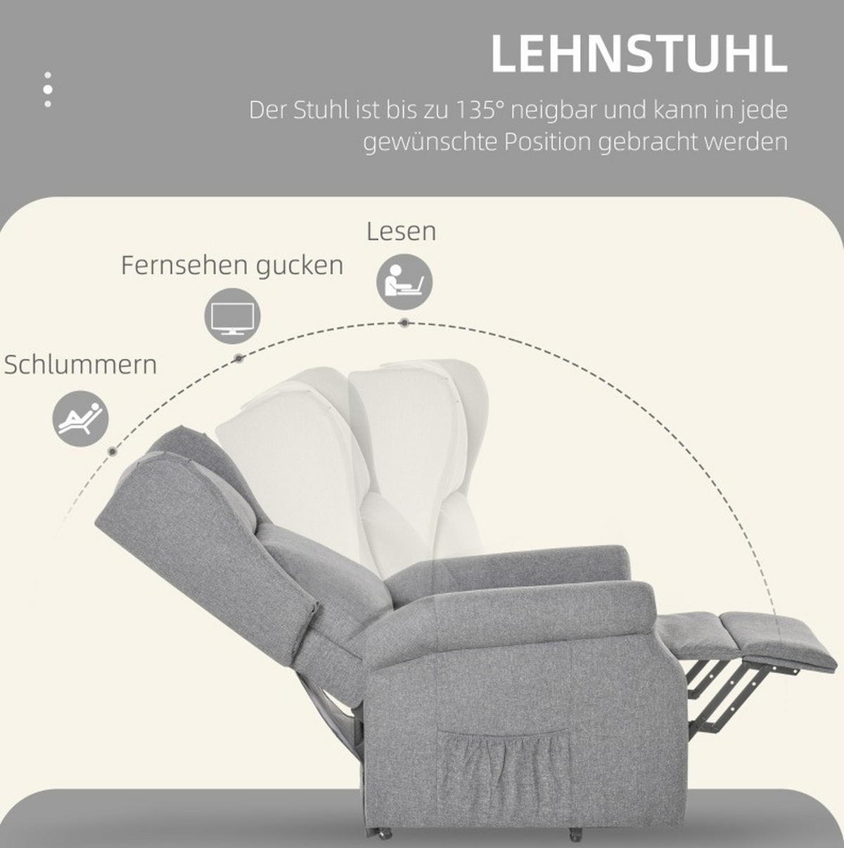 RELAXSESSEL in Grau 94x74x111 cm mit elektrischer Aufstehhilfe und Liegefunktion bis 200 kg - Grau, Textil (74/111/94cm) - IVMEU