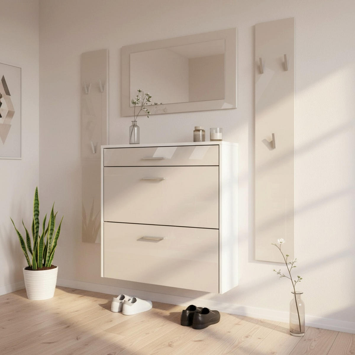 GARDEROBEN-SET Roma Air 4-teilig, Moderne Flurgarderoben Set mit Schuschrank, 2 Wandpaneele und Wandspiegel, Weiß matt/Sandgrau Hochglanz - Beige, Holzwerkstoff (190/200/23cm) - InnoFurn