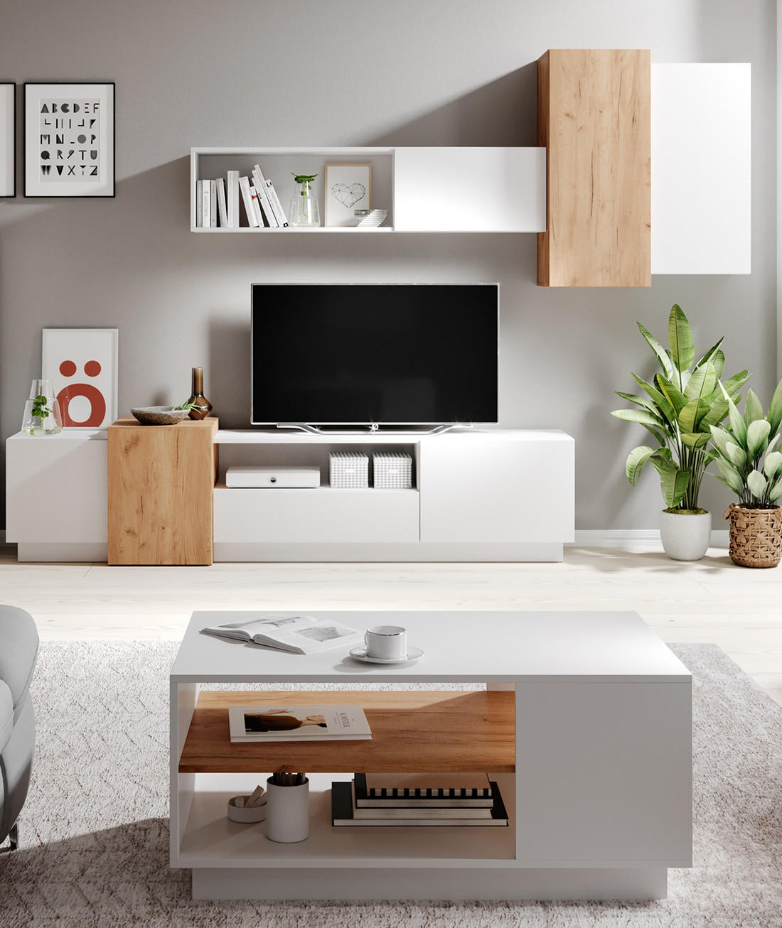 Thumbnail - Feldmann-Wohnen Wohnzimmer-Set, Weiß, Holz, 4 Fächer, 1 Schubladen, Quadratisch, 220x93x45 cm, Wohnzimmer, Wohnwände, Wo...