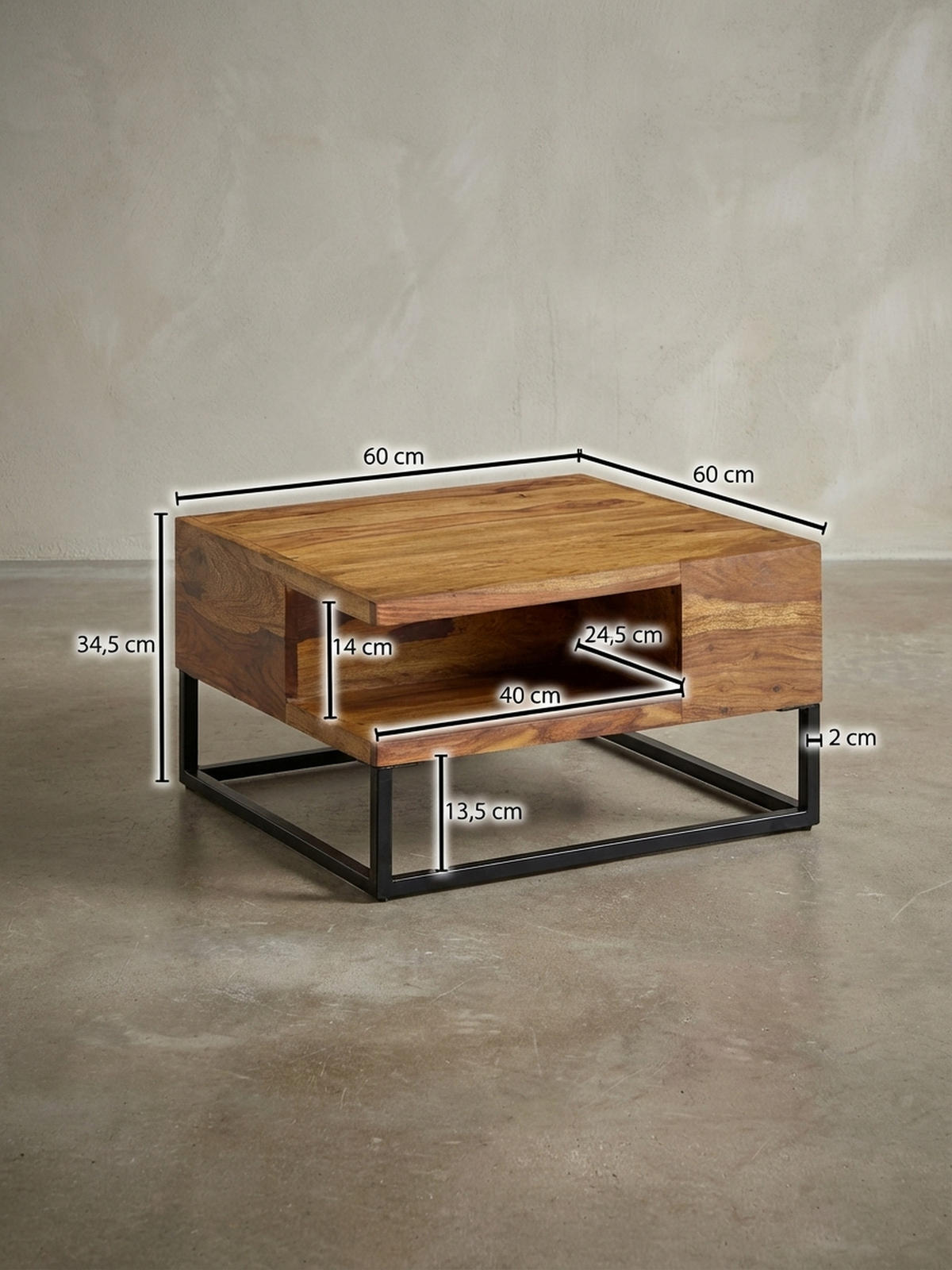 COUCHTISCH in Sheeshamholz mit Staufach, 60x60x34,5 cm, Industrial-Design - Schwarz/Braun, Holz/Metall (60/60/35cm) - KADIMA DESIGN