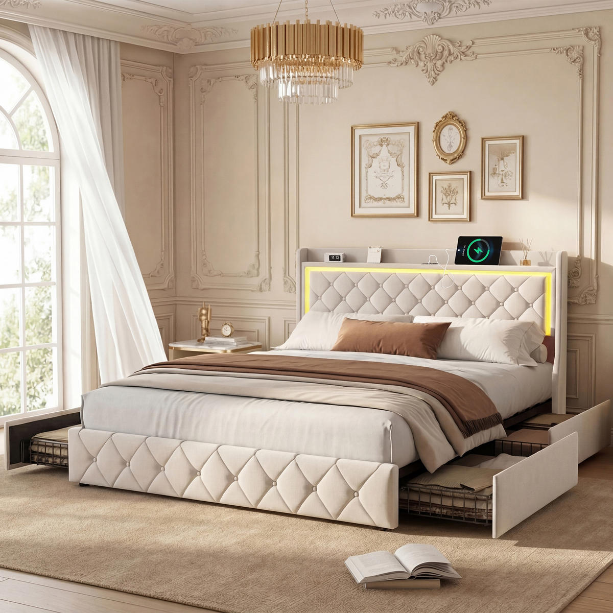 POLSTERBETT 140x190cm Funktionsbett mit LED-Beleuchtung und Stauraum – Samt Beige - Beige, Textil (140/190cm) - DELFA