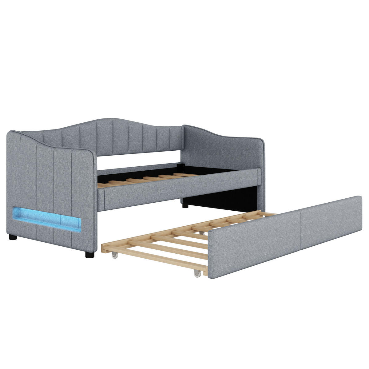 POLSTERBETT 90/200 cm Grau mit Ausziehbett und LED-Beleuchtung aus Leinen und MDF - Grau, Textil (90/200cm) - OKWISH