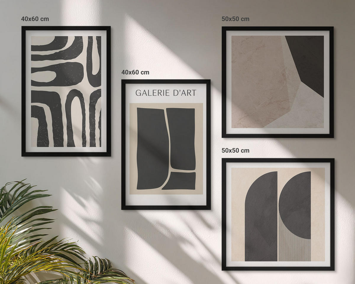 BILDER SET 4er Set - 50x50 cm & 40x60 cm Schwarzer Rahmen - Abstrakte minimalistische Poster - Schwarz, Kunststoff (50/50cm) - TULUP