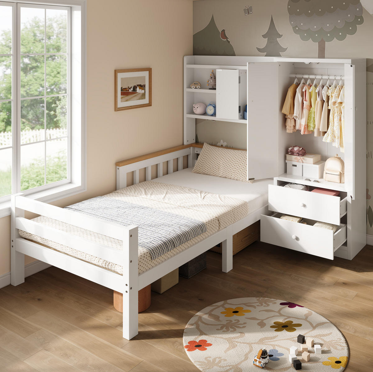 KINDERBETT aus Massivholz und MDF 90x200 cm Weiß mit Kleiderschrank, Schubladen und Regalfächern - Weiß, Holz (90/200cm) - Modfu