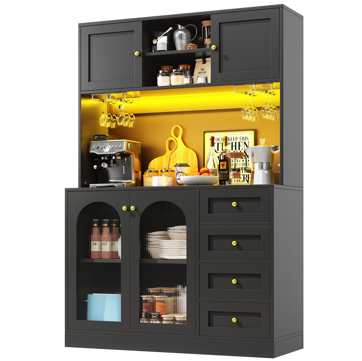 BUFFETSCHRANK 120/40/188 cm schwarz aus MDF mit LED-Lichtleiste - Schwarz, Holzwerkstoff (120/188/40cm) - OKWISH