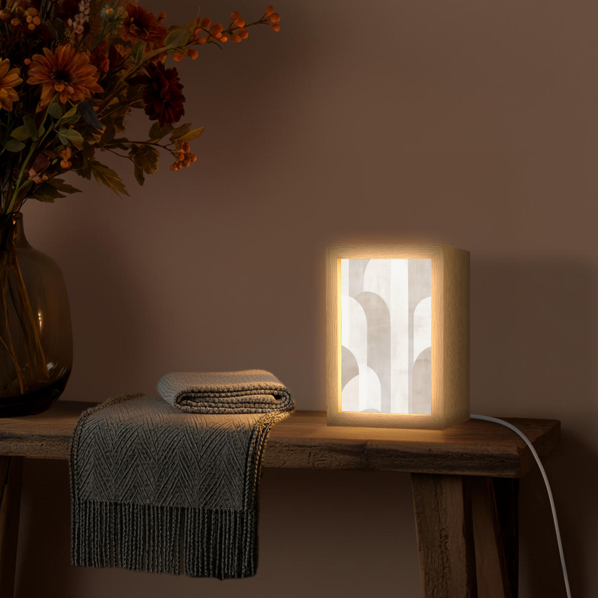 STOLNÍ LAMPA Abstraktní oblouky - Moderní - Béžová 15x20 cm - barva koloniálního buku, kompozitní dřevo (8/15/20cm) - OnlyWow