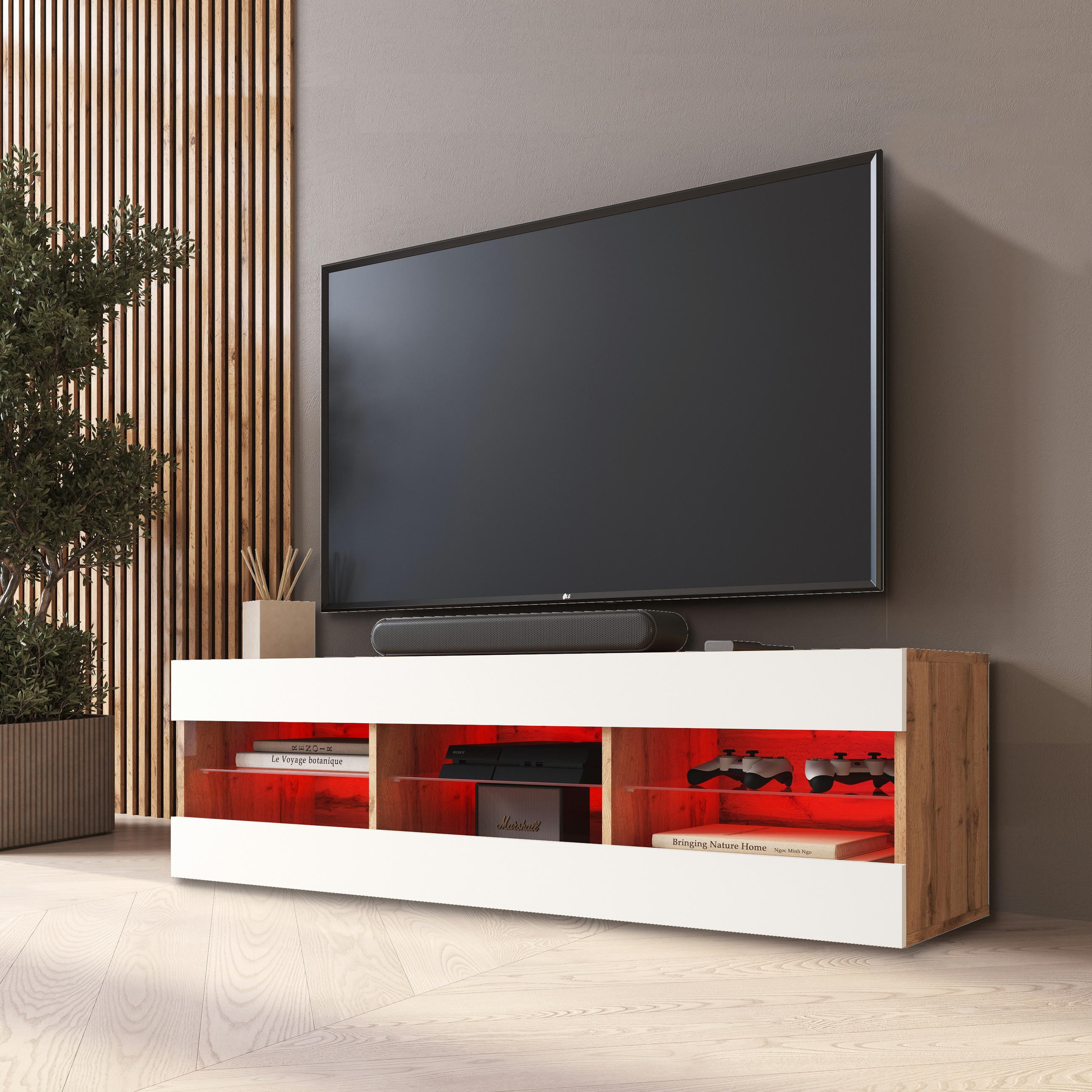 LOWBOARD TIVOLI RTV 140, Weiss, LED Mehrfarbige - Eiche Wotan/Weiß, Glas/Holzwerkstoff (140/40.5/35.5cm) - Komodee