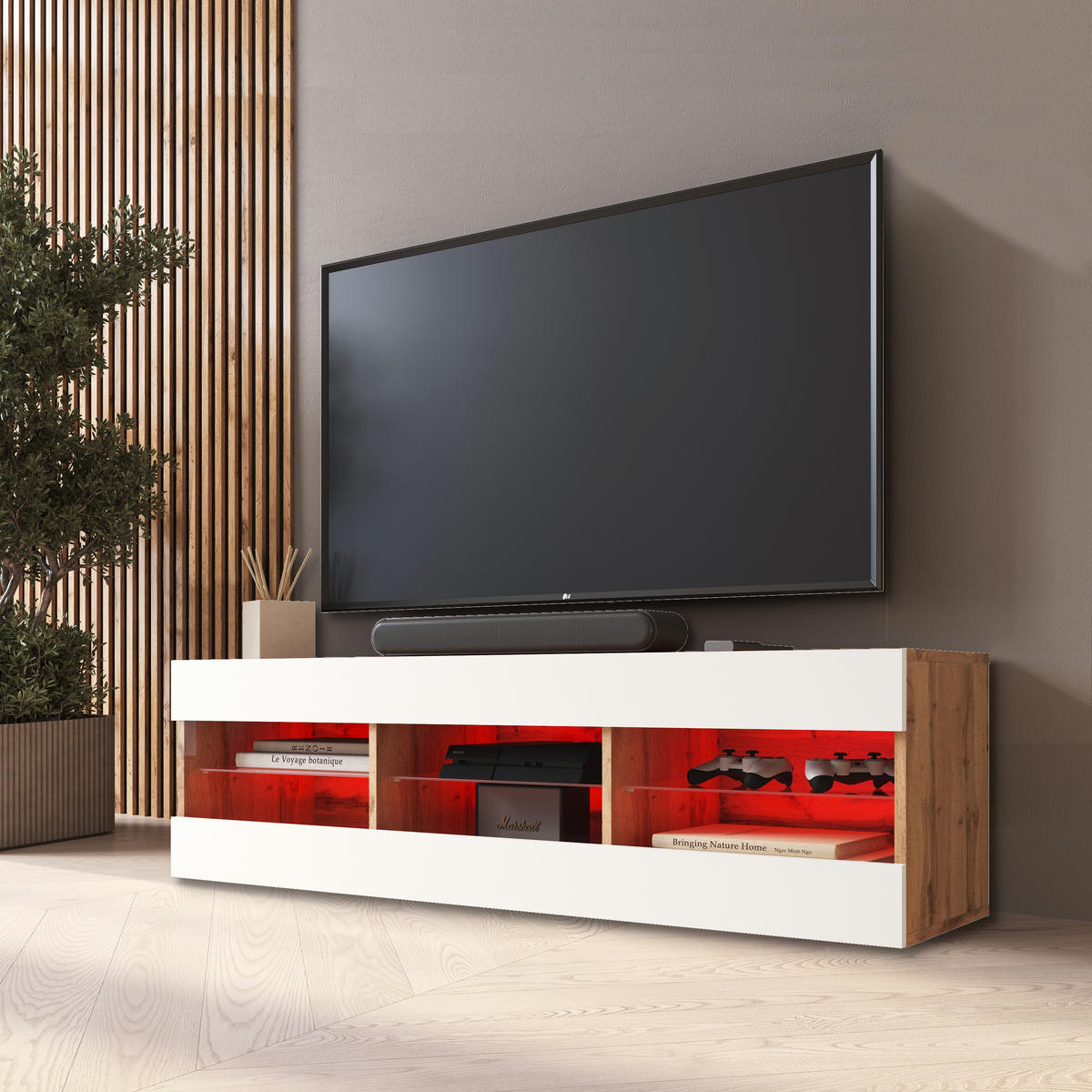 LOWBOARD TIVOLI RTV 140, Weiss, LED Mehrfarbige - Eiche Wotan/Weiß, Glas/Holzwerkstoff (140/40.5/35.5cm) - Komodee