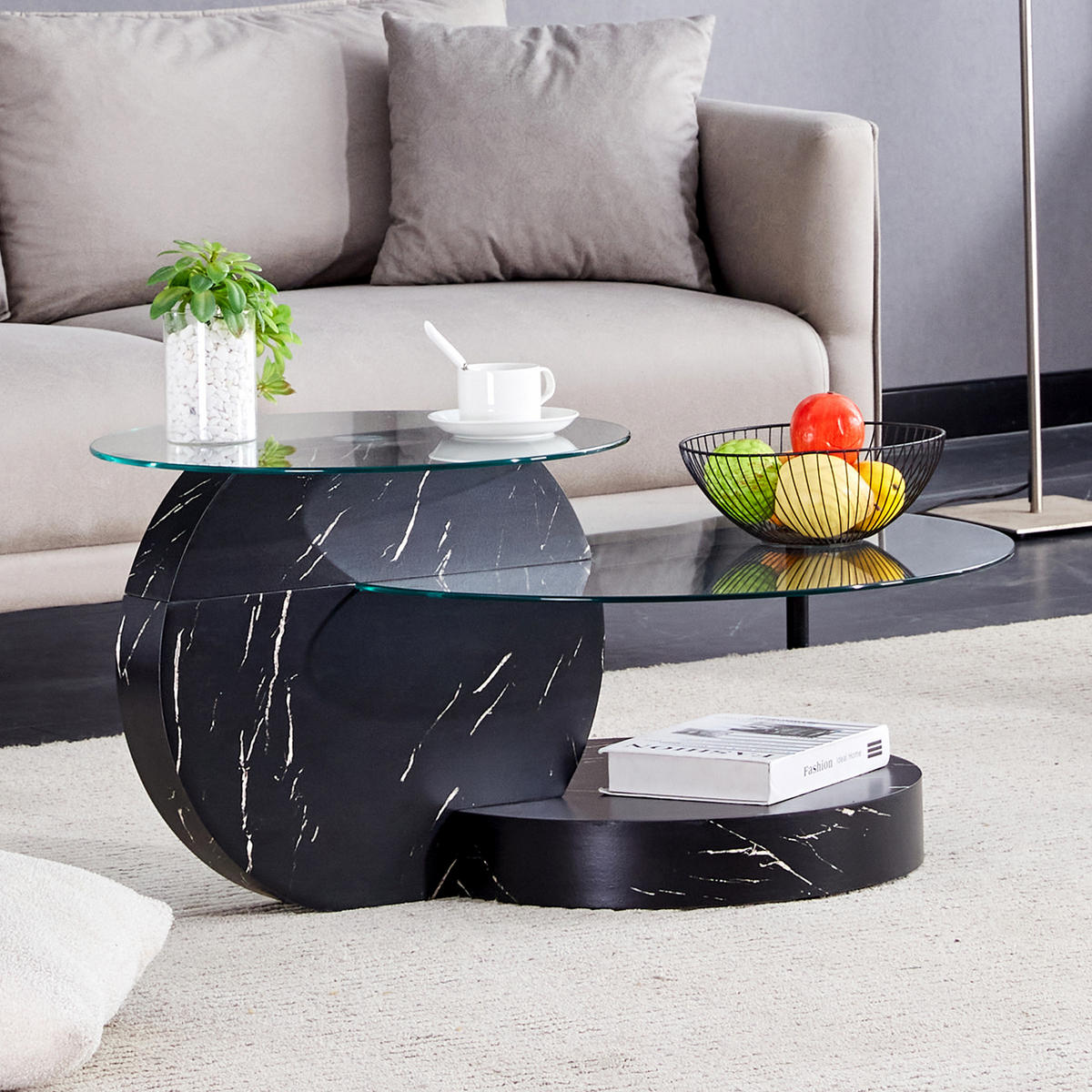 COUCHTISCH aus MDF und Glas Ø49,8/69,8 cm in Schwarz mit Ablagen - Schwarz, Glas (89.9/89.9/43.2cm) - Modfu