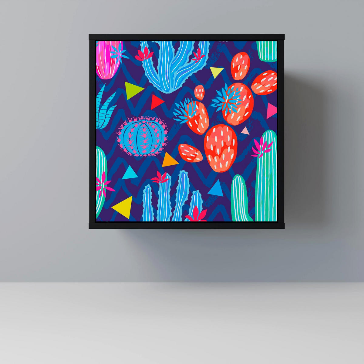 SIDEBOARD CACTUS VIBES, Schwarz, 57,5x42x70,5 cm, Schwarze Metall-Sternfüße - Multicolor/Schwarz, Holzwerkstoff/Metall (57.5/70.5/42cm) - SpaceRebels