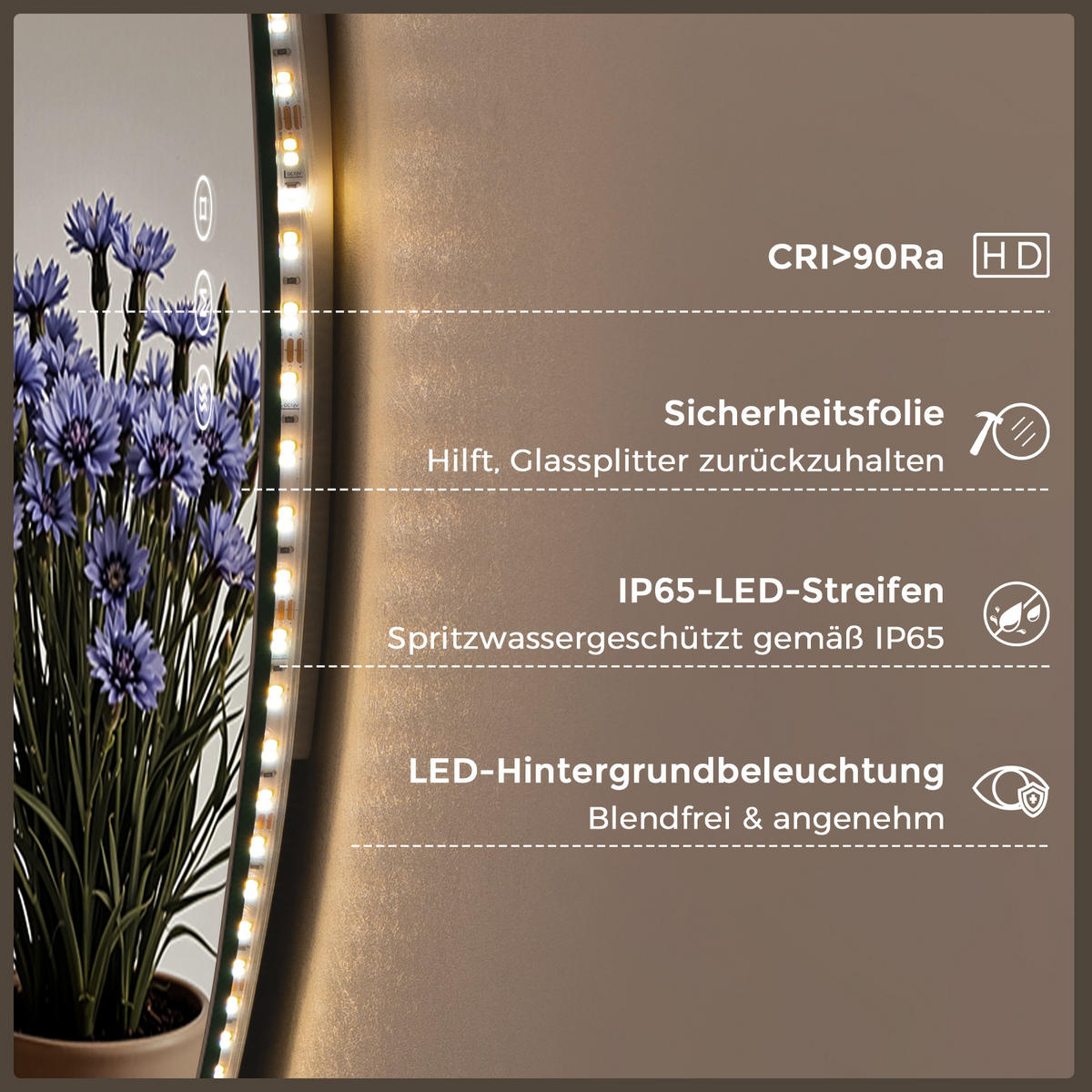 BADEZIMMERSPIEGEL mit Beleuchtung 70/60 cm asymmetrisch rahmenlos LED dimmbar mit Antibeschlag - Transparent, Glas (70/60/2.5cm) - S'AFIELINA
