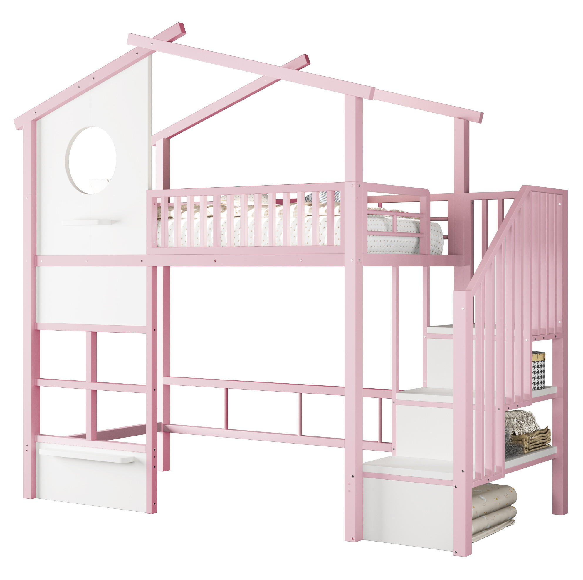 HOCHBETT aus Metall 90x200 cm Weiß/Rosa mit Stauraumtreppe, LED-Lichtband und Hausdesign - Weiß, Metall (90/200cm) - Modfu