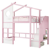 HOCHBETT aus Metall 90x200 cm Weiß/Rosa mit Stauraumtreppe, LED-Lichtband und Hausdesign - Weiß, Metall (90/200cm) - Modfu