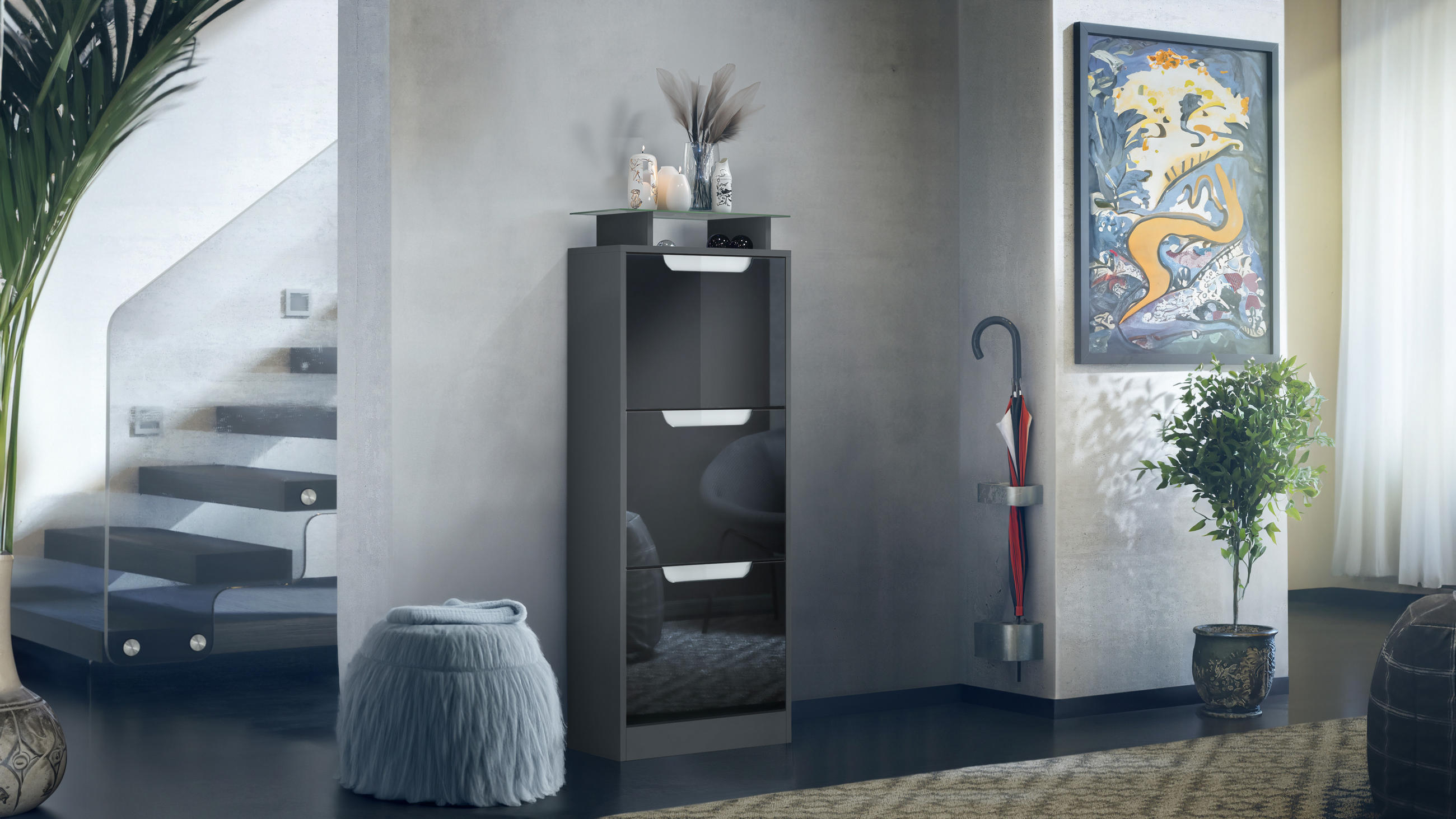 SCHUHSCHRANK Space Schwarz Hochglanz - Schwarz Hochglanz, Holzwerkstoff (46/128/23cm) - Vladon