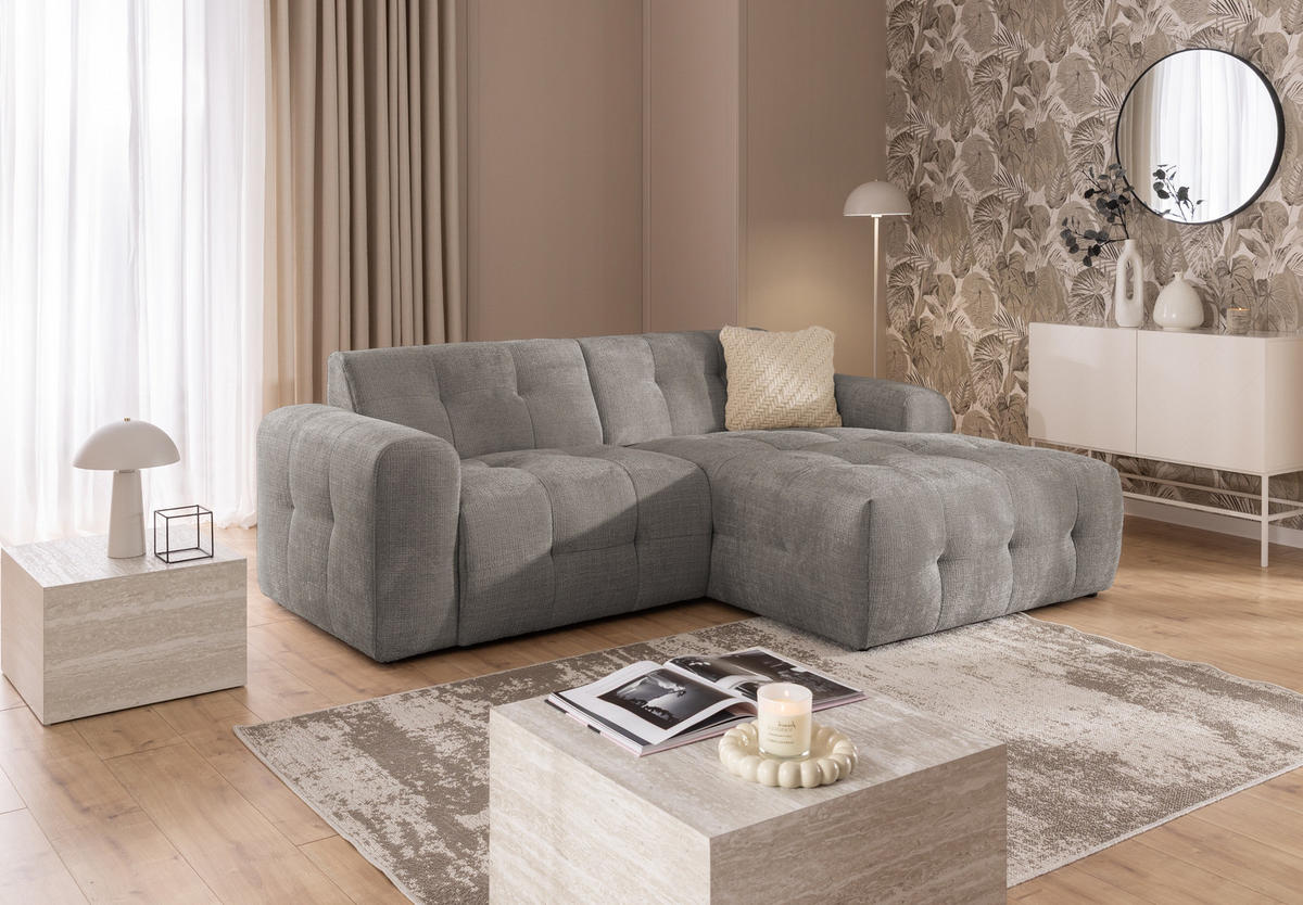ECKSOFA mit Ottomane rechts, raffinierten Steppungen, Wellenunterfederung, B234/T161/H79 cm, Chenille-Bezug in Braun Taupe / 21041 - Taupe/Schwarz, Kunststoff/Textil (234/79/161cm) - luma-home