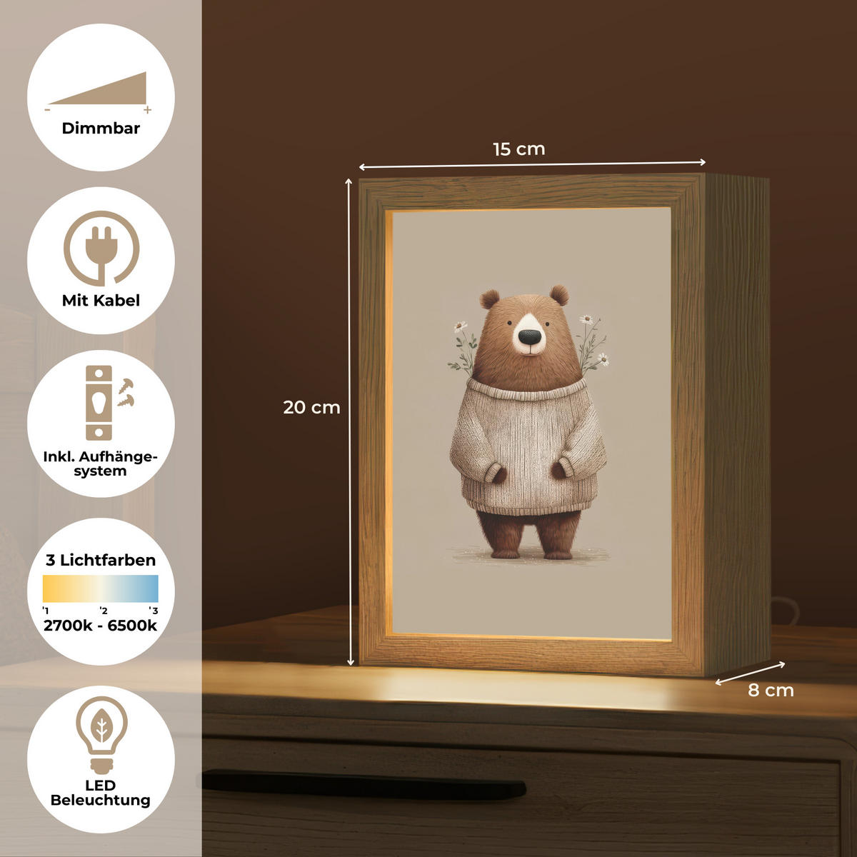 NÁSTĚNNÁ LAMPA Medvěd - Bílé květy - Cosy 15x20 cm - šedohnědá, kompozitní dřevo (15/20/8cm) - OnlyWow