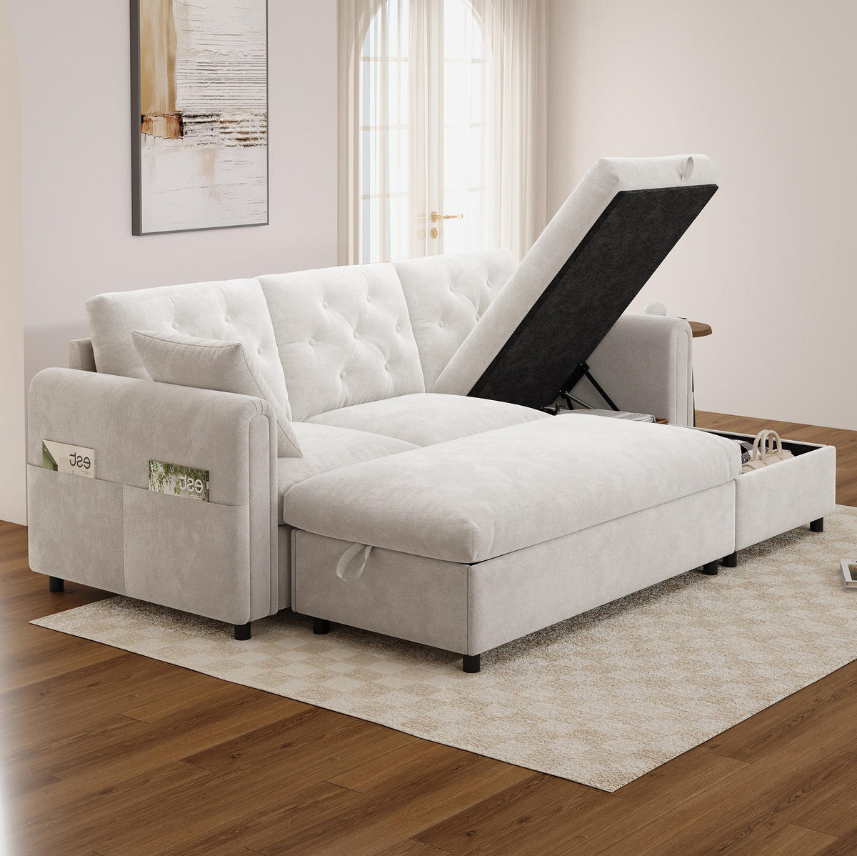 ECKSOFA 219/131/86 cm aus Samt mit Stauraum und variabler Chaiselongue Beige - Beige, Textil (131/219cm) - Modenvie
