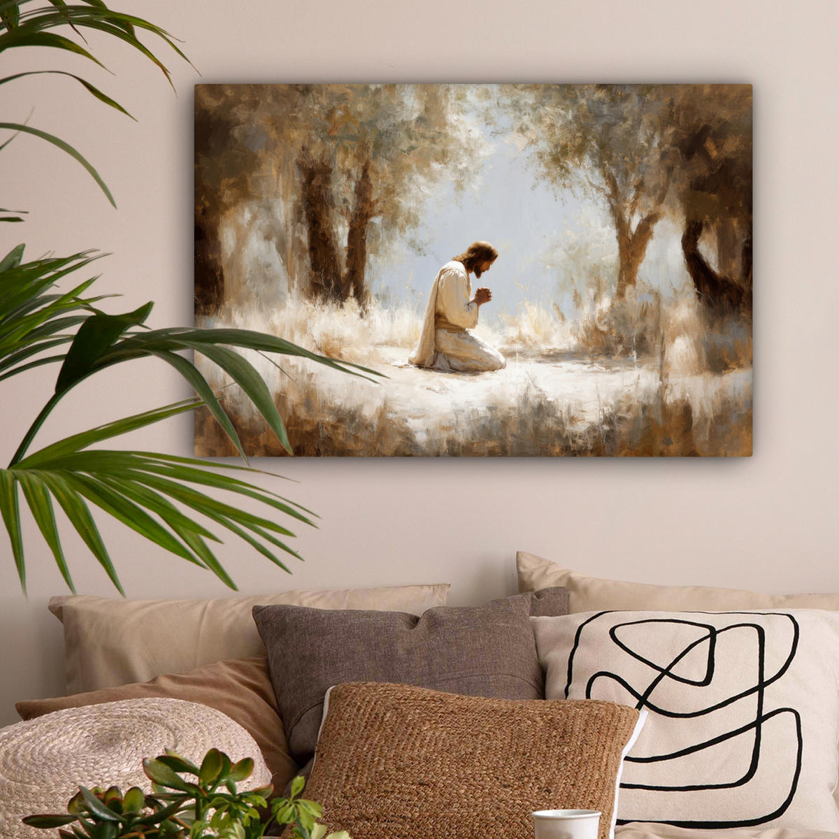 LEINWANDBILD Jesus - Kniend - Waldlandschaft - Betend Gemälde 60x40 cm - Beige/Hellblau, Textil (60/40cm) - MuchoWow