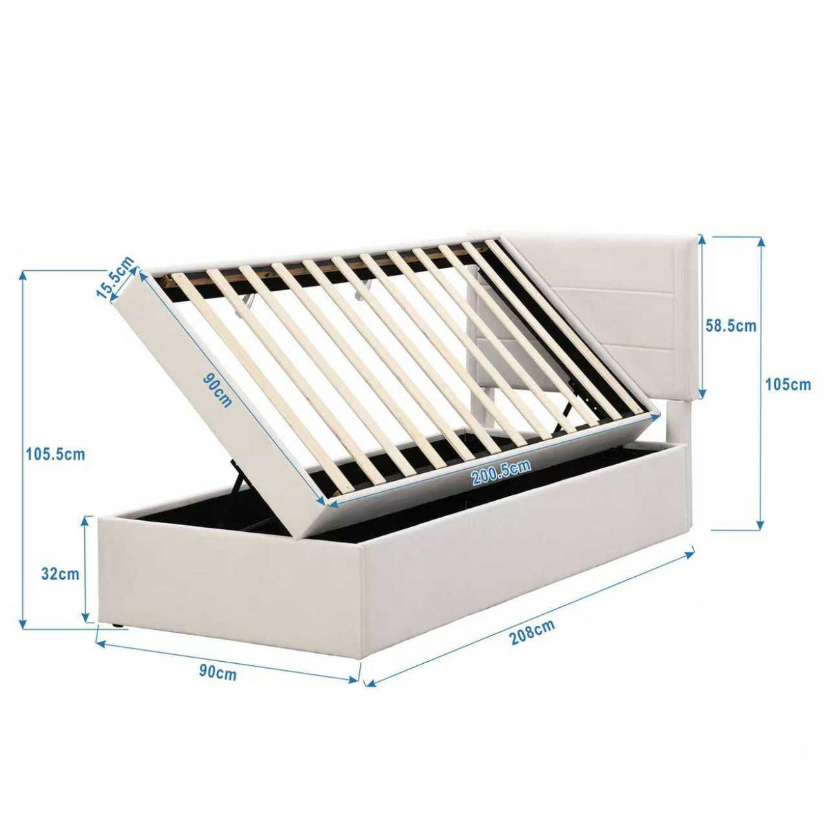 POLSTERBETT 90x200cm Beige Einzelbett Metallrahmen Stauraum - Beige, Holz (90/200cm) - FLIEKS