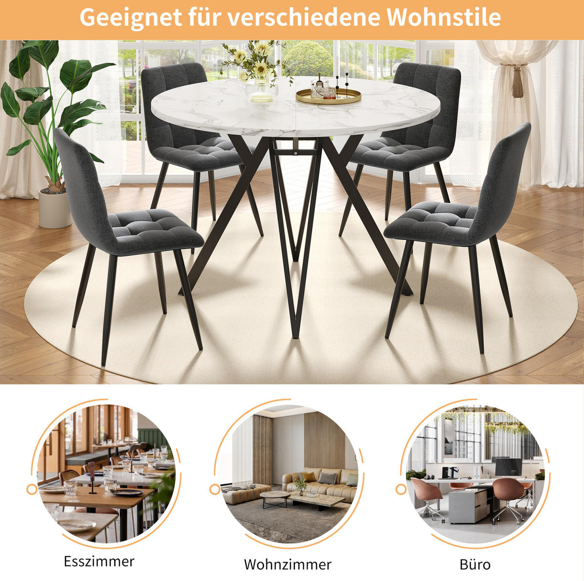 ESSTISCH, MDF-Tischplatte in Marmoroptik & Metallgestell, 100/100/76 cm, Schwarz - Schwarz, Holzwerkstoff (100/100/76cm) - Redom
