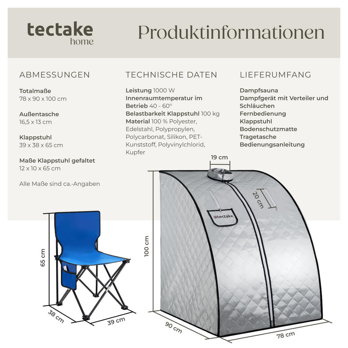 MOBILE DAMPFSAUNA Thermaluxe Ii,inkl. Fernbedienung, Matte, Klappstuhl und Tragetasche,grau/blau - Blau/Grau, Kunststoff (78/100/90cm) - tectake