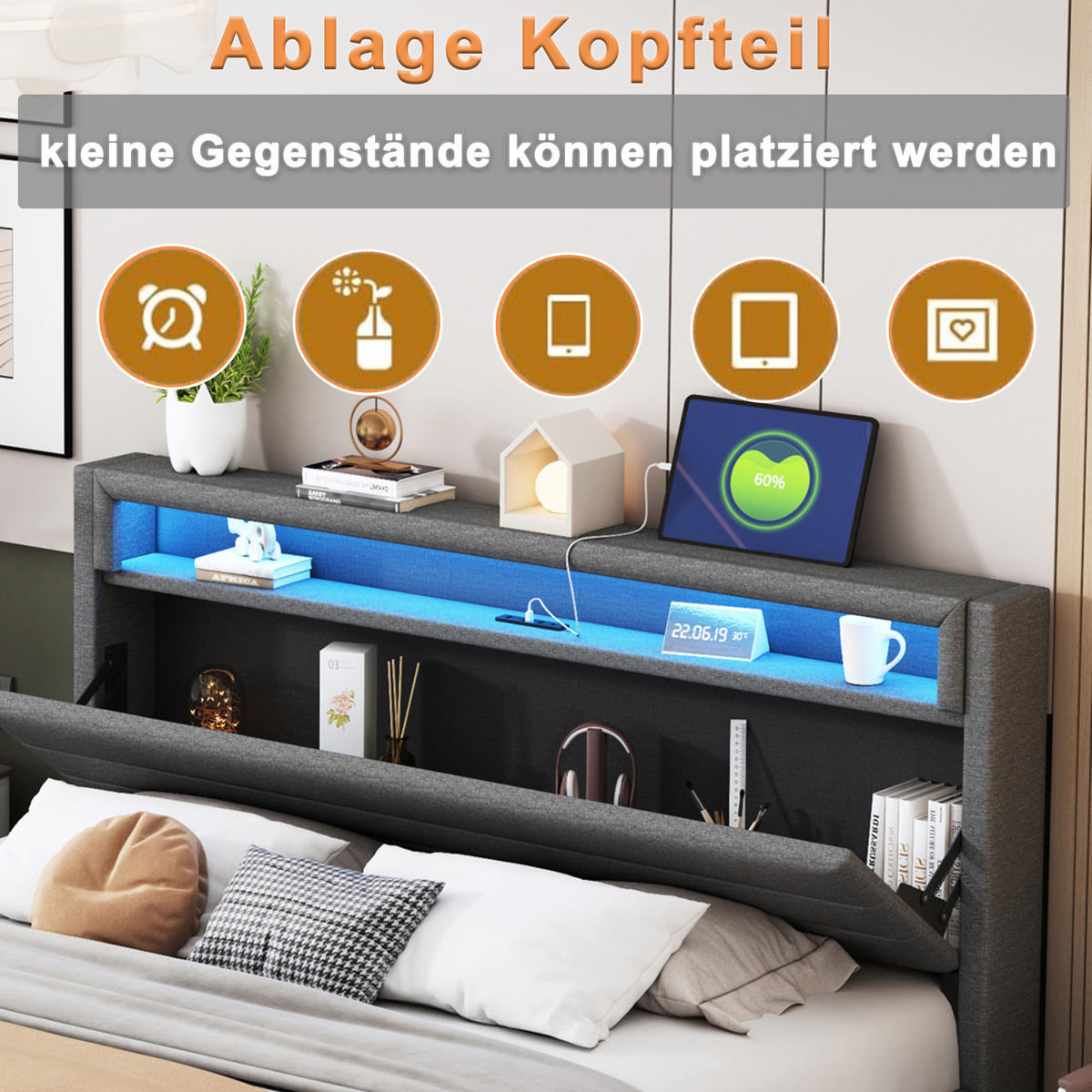 POLSTERBETT 140x200 Grau mit USB LED Kopfteil - Grau, Holzwerkstoff - FLIEKS
