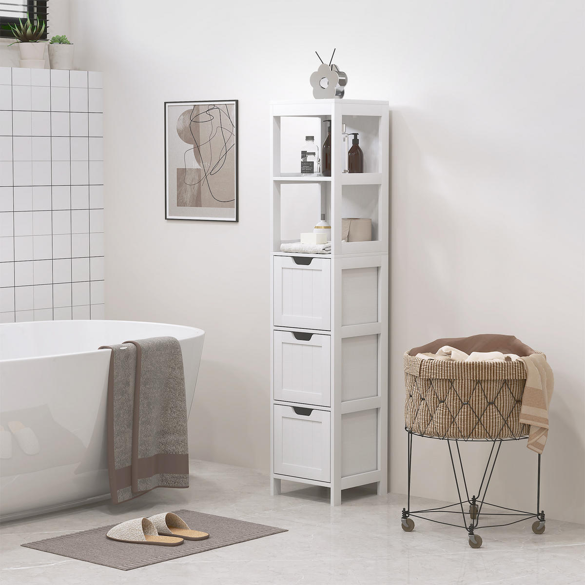 BADEZIMMERSCHRANK, Hochschrank weiß, mit 3 Schubladen und 2 offenen Fächern, Stauraumschrank für Bad und Wohnzimmer, 30×30×142,4 cm - Weiß, Holz (30/142.4/30cm) - Ej. Life