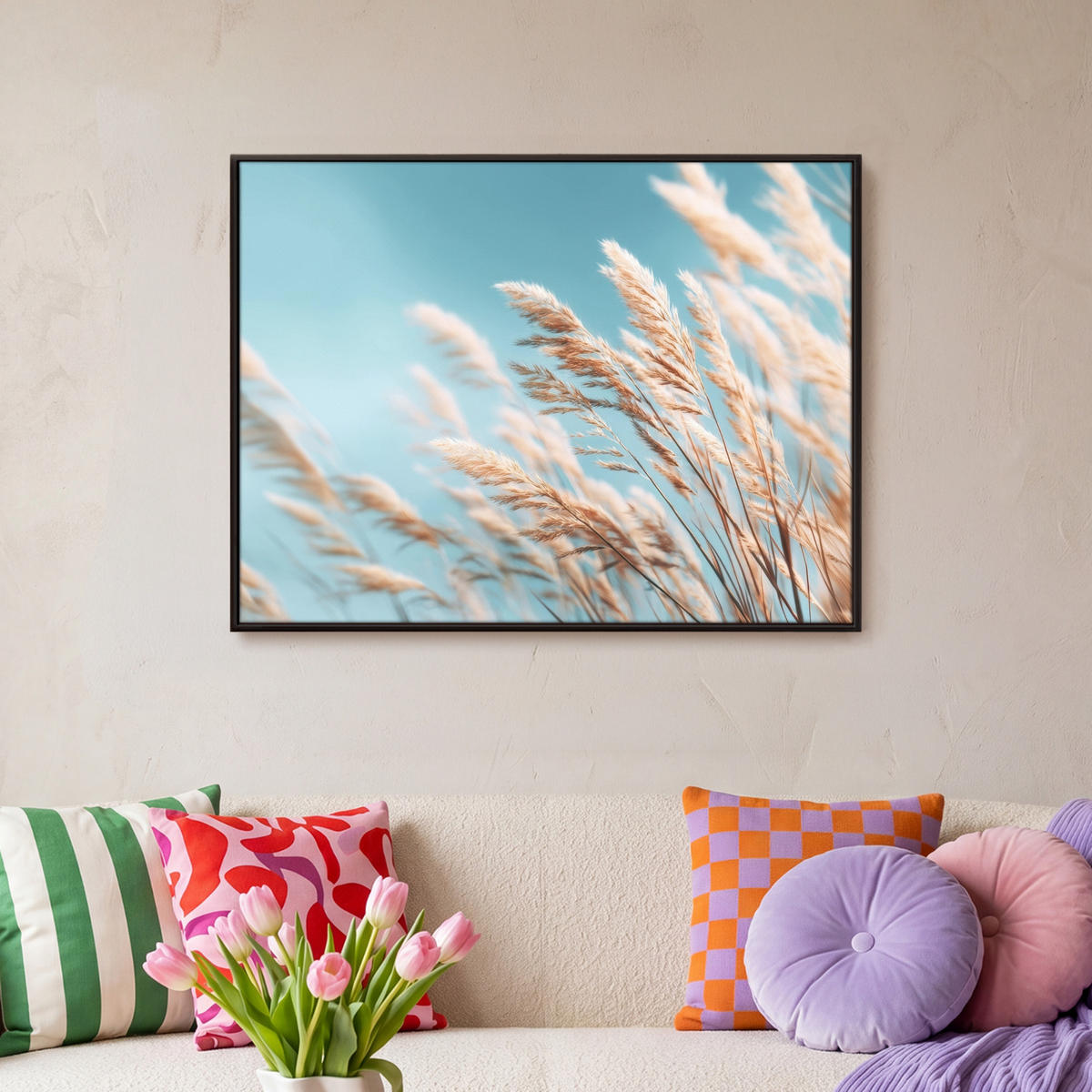 LEINWAND Bilder mit Rahmen - Ziergras - Wind - Hellbraun - 70x50 - Hellblau, Textil (70/50cm) - MuchoWow