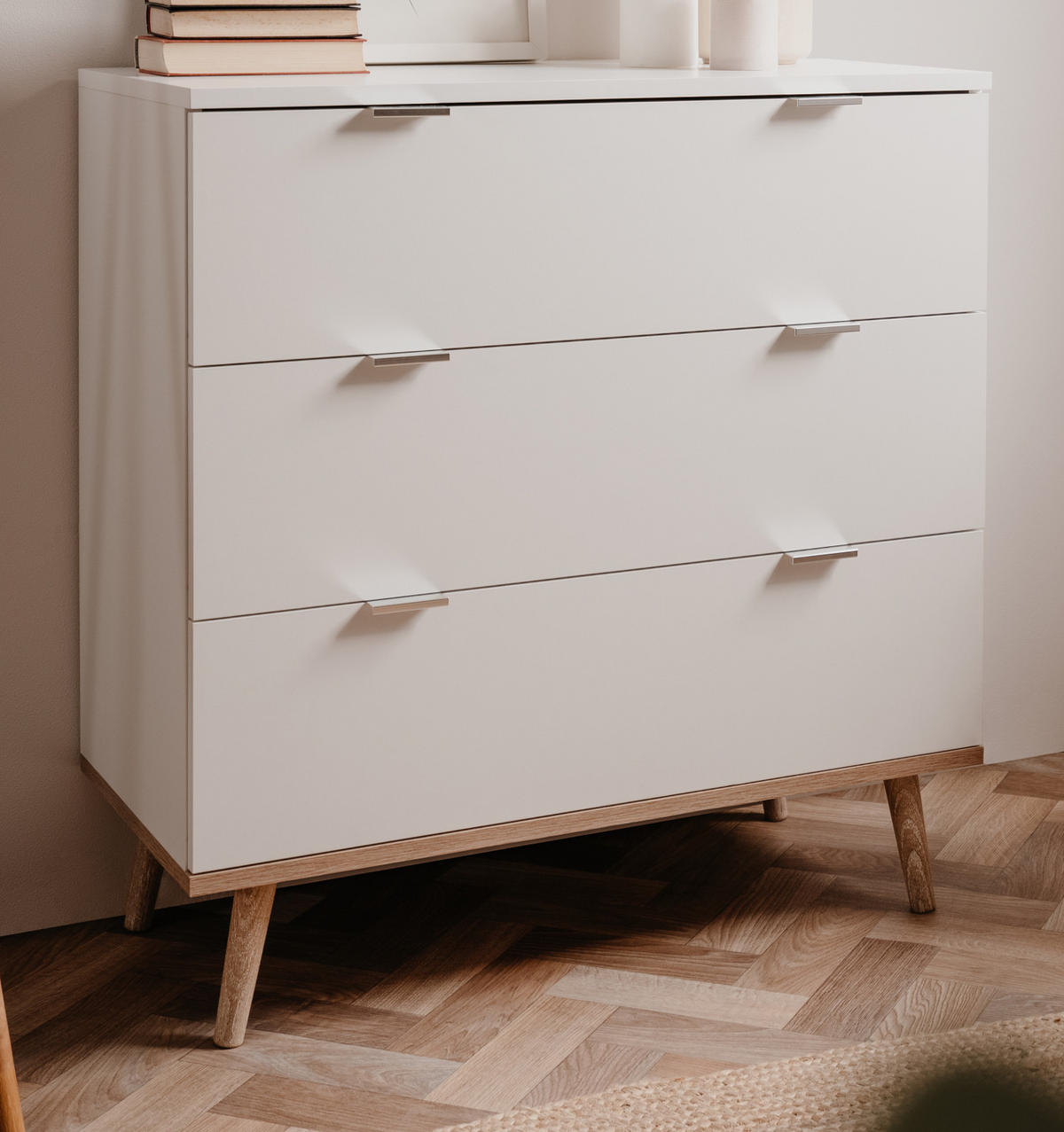 SCHUBKASTENKOMMODE weiß matt, Eiche Sonoma massiv 80 cm, Kommode skandinavisch - Chromfarben/Eichefarben, Holz/Holzwerkstoff (80/86.5/40cm) - Furn.Design