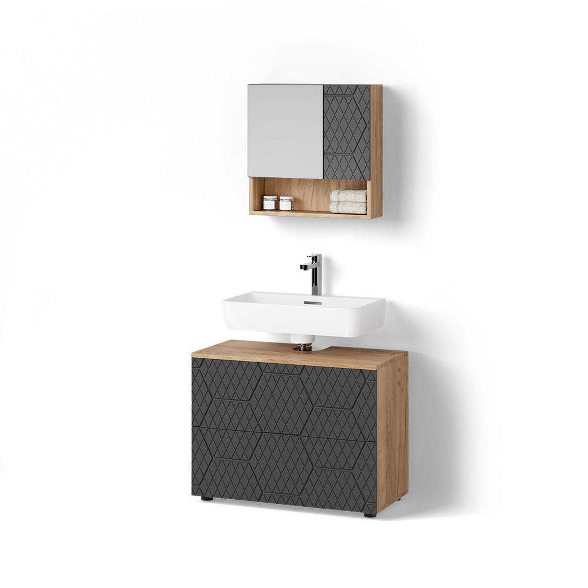 BADMÖBEL-SET Ronco Anthrazit gestreift 2 Teile - Anthrazit/Eiche Wotan, Holzwerkstoff (80/58/41cm) - Livinity®