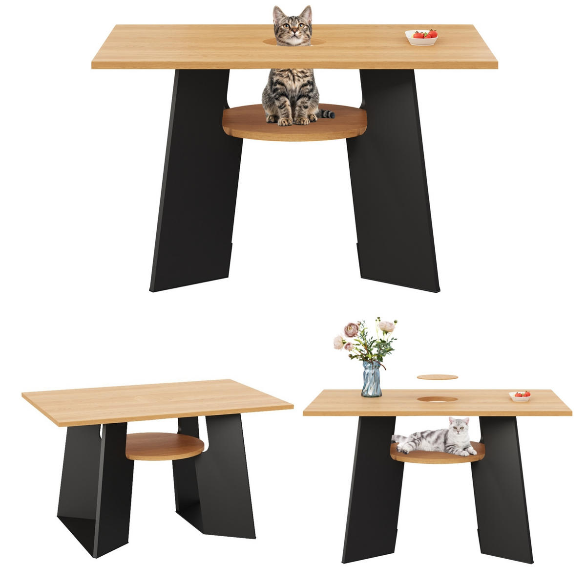 ESSTISCH 130/85/75 cm mit Haustierbereich, Abdeckplatte und Ablage, MDF, Schwarz/Natur - Schwarz, Holzwerkstoff (130/85/75cm) - Redom