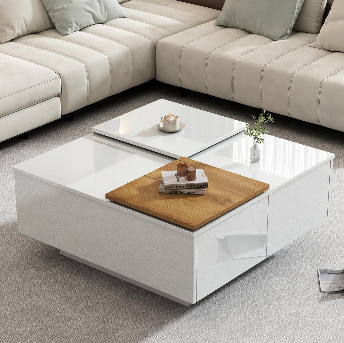COUCHTISCH aus Spanplatte 75x75x33,5 cm in Weiß mit 4 Schubladen - Weiß, Holzwerkstoff (75/75/33cm) - Modfu