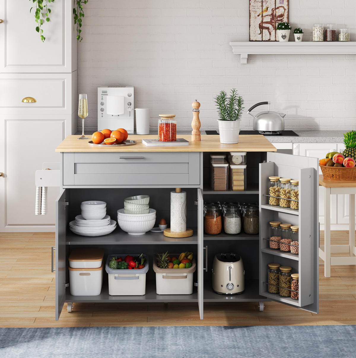 KÜCHENINSEL 132,5/44(70)/90 cm aus MDF mit klappbarer Arbeitsplatte Grau (Eichenoptik) - Grau, Holzwerkstoff (132.5/90/70cm) - Modenvie