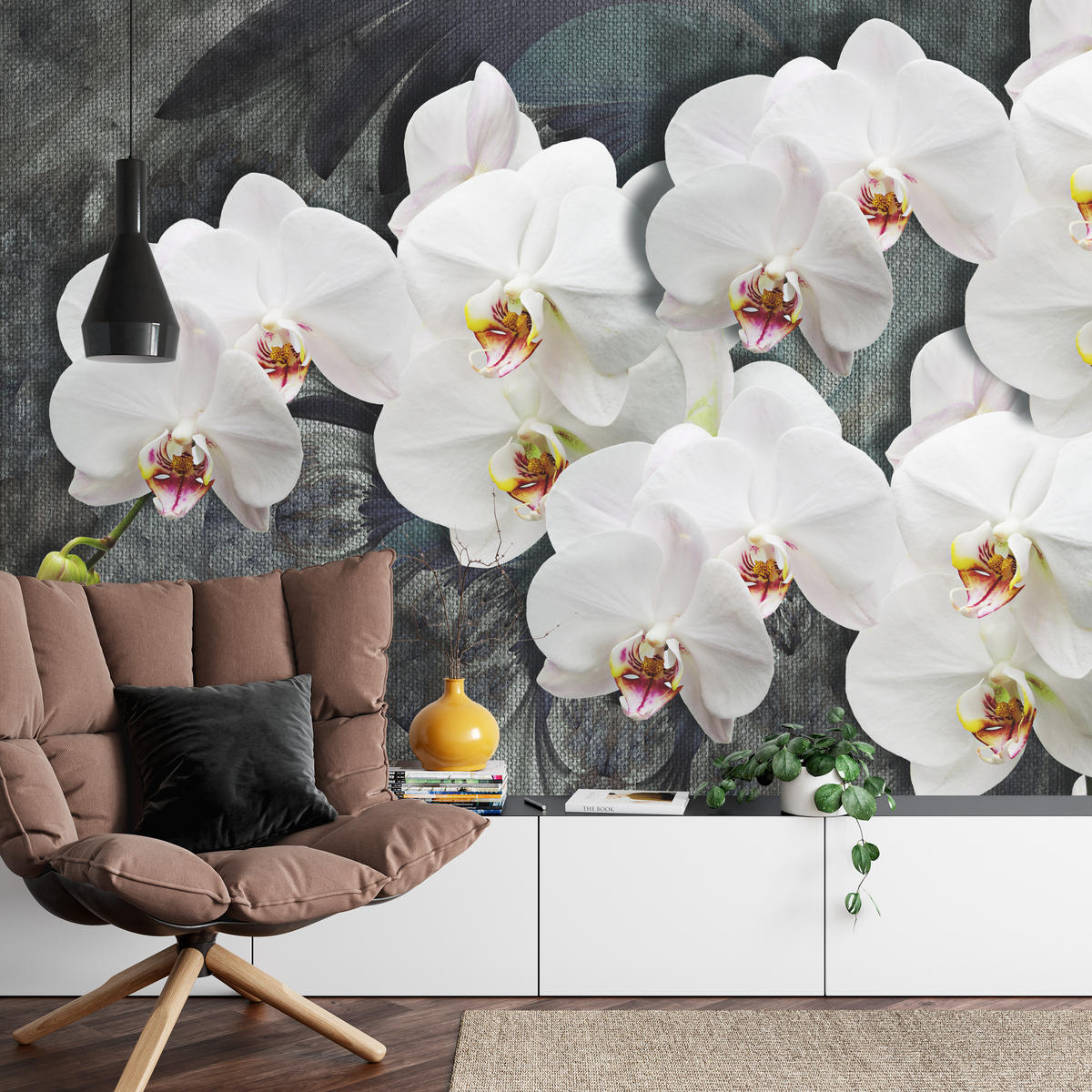 FOTOTAPETA Pre Spálňu Biele Orchidey Rustikálne Pozadie Florálna 300 x 210 cm - sivá/biela, papier (300/210cm) - Muralo