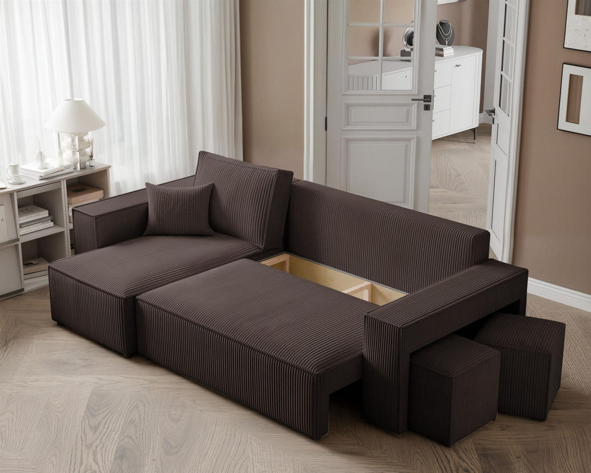 ECKSOFA Adara Inkl. Hocker - Braun, Holzwerkstoff/Textil (262/145cm) - Fun Möbel