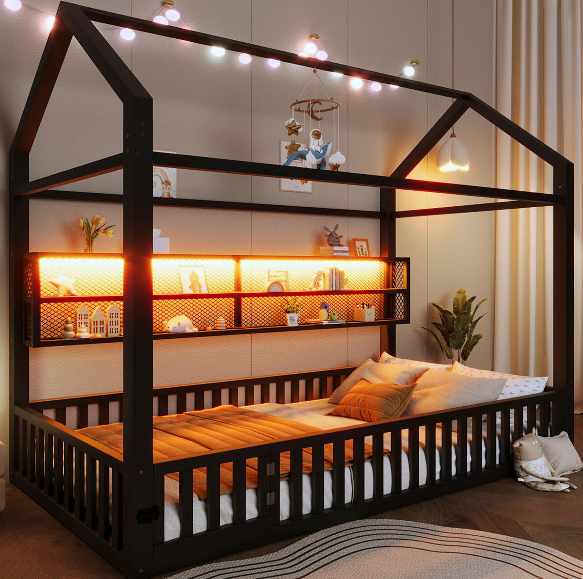KINDERBETT 90/200 cm mit LED-Beleuchtung, Sicherheitszaun und Hausform aus Metall, Schwarz - Schwarz, Metall (90/200cm) - Redom