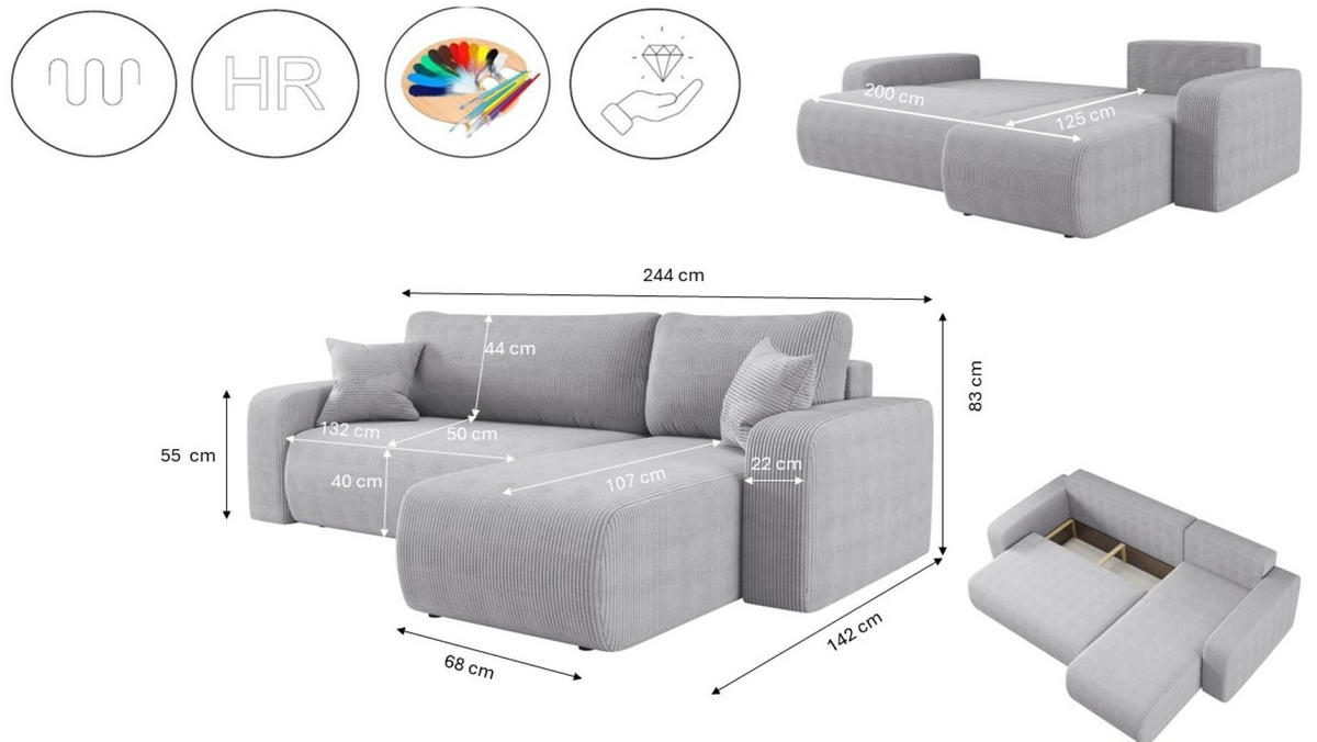 ECKSOFA L-FORM Schlaffunktion Und Bettkasten Eckcouch MILANO L Stoff Dicker Cord Grau Rechts - Grau, Holz/Textil (244/142cm) - Kaiser Möbel