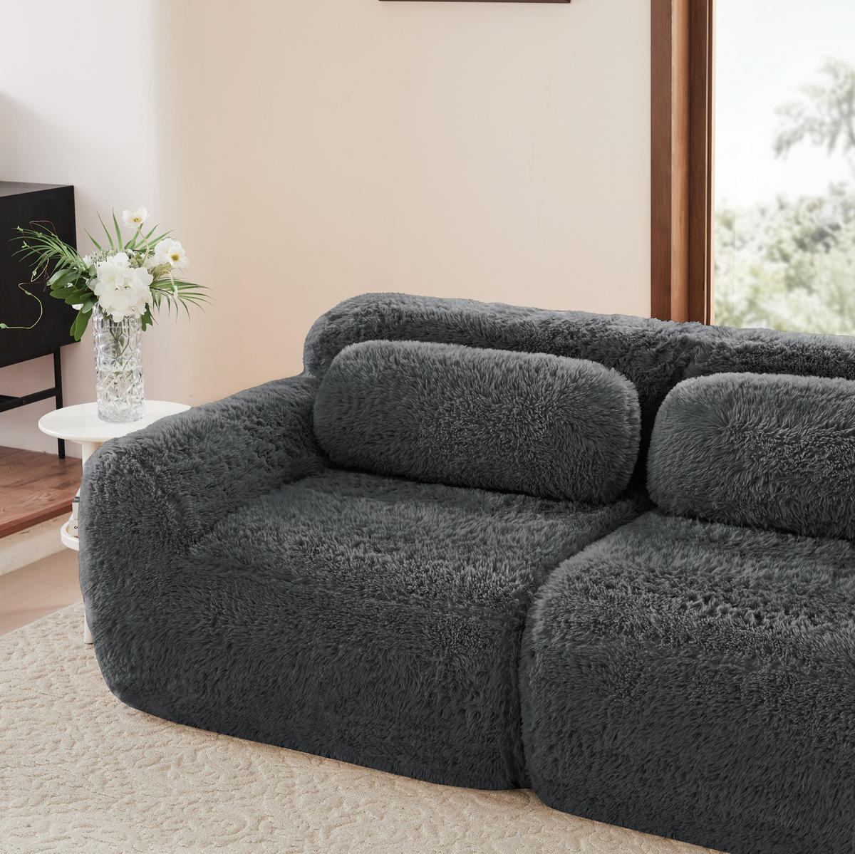 SOFA modular mit 2 Ottomans Plüsch Grau - Grau, Kunststoff (179/73/204.1cm) - Meubliv