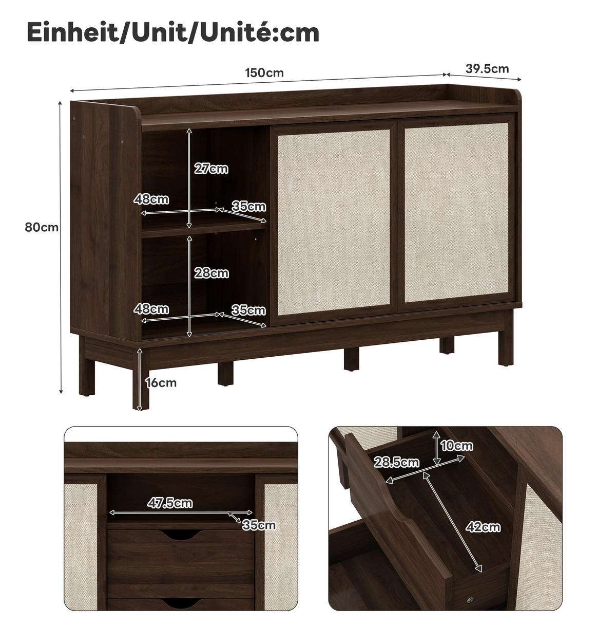 KOMMODE aus Spanplatte 150x39,5x80cm in Walnussfarben mit Schiebetüren - Walnussfarben, Holzwerkstoff (150/80/39.5cm) - Modfu