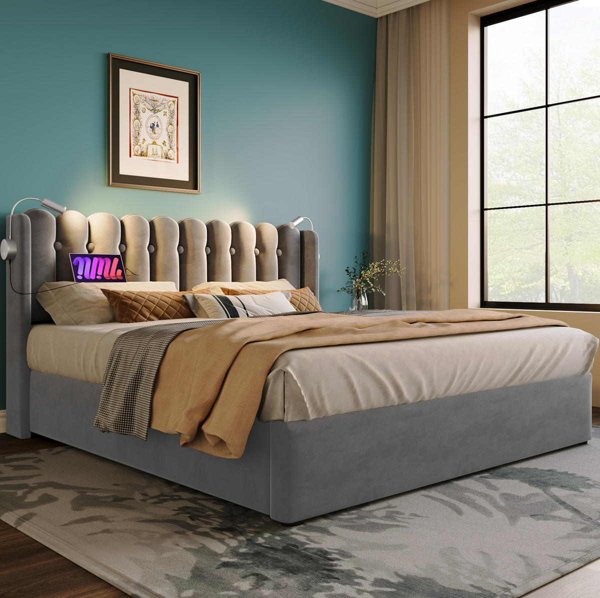 POLSTERBETT aus Samt 160x200 cm Grau mit Bettkasten, Leselicht und USB-Anschluss - Grau, Textil (160/200cm) - IVMEU