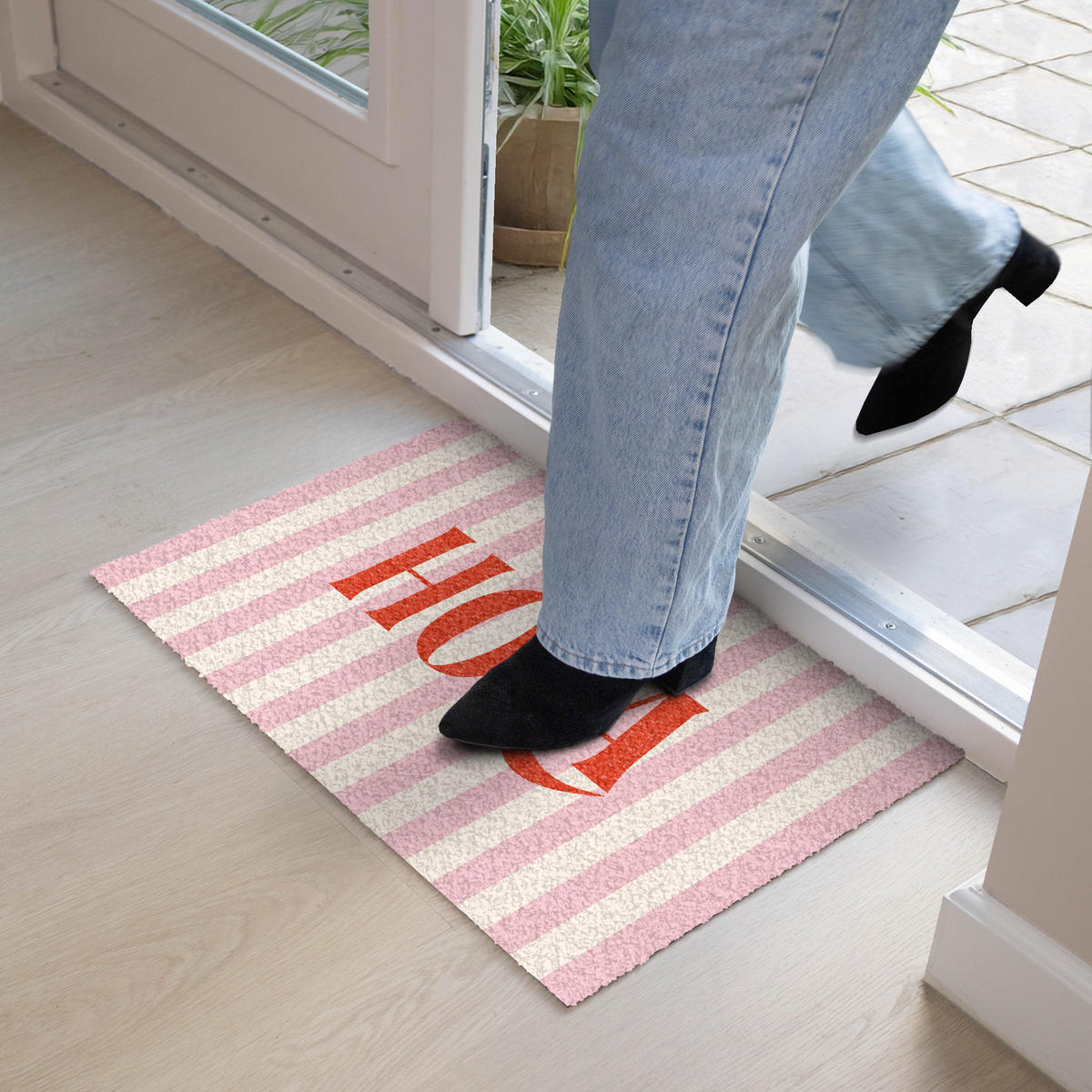 FUSSMATTE Hola - Zitat - Streifen - Pastell - Rosa - Rot - Weiß 60x40 cm - Rosa, Kunststoff (60/0.4cm) - MuchoWow