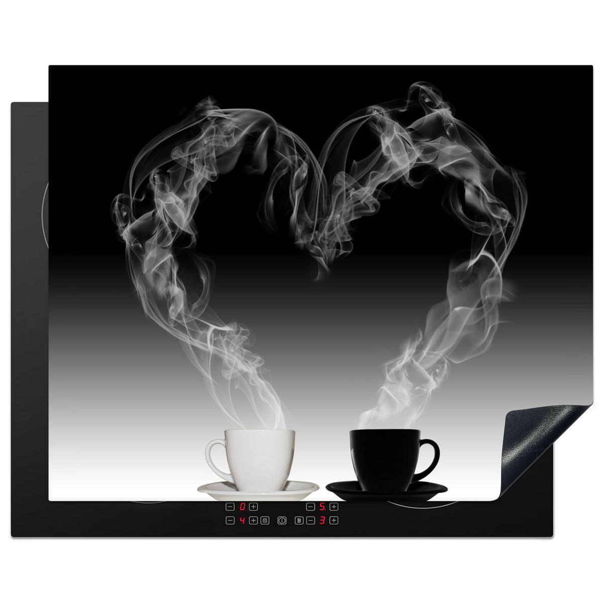 HERDABDECKPLATTE Kaffee - Herz - Schwarz und weiß - Tassen 65x52 cm - Weiß, Kunststoff (65/0.2/52cm) - MuchoWow